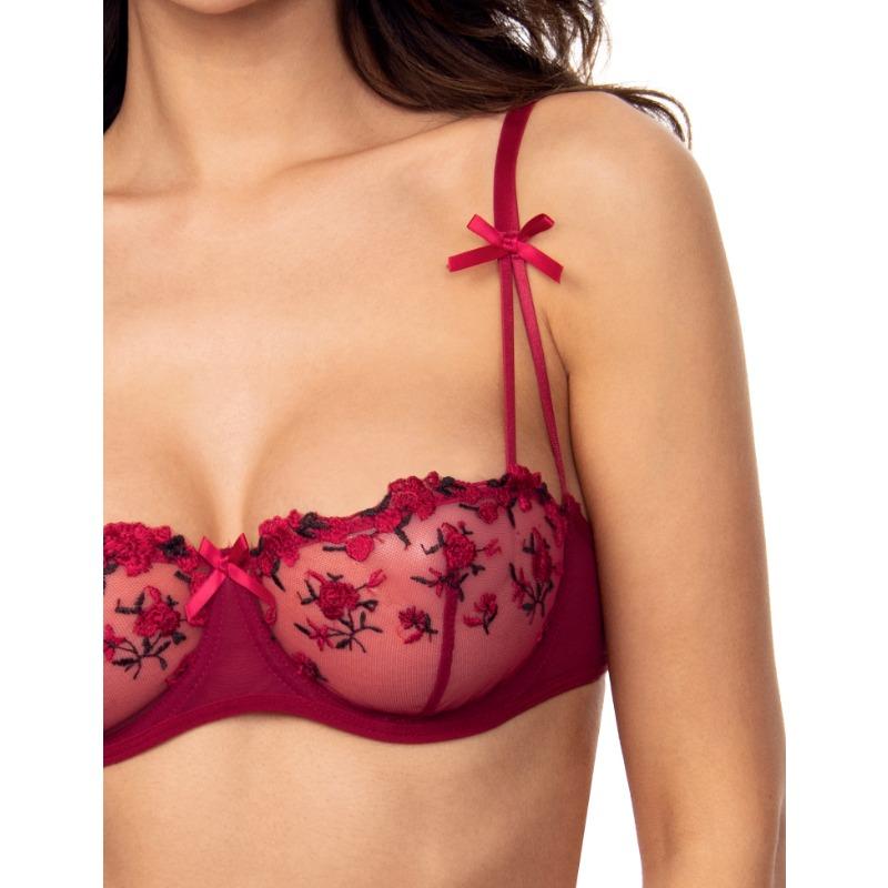 Women Sexy Red Floral Pattern Underwired Bra with Bowknot On Shoulder Straps