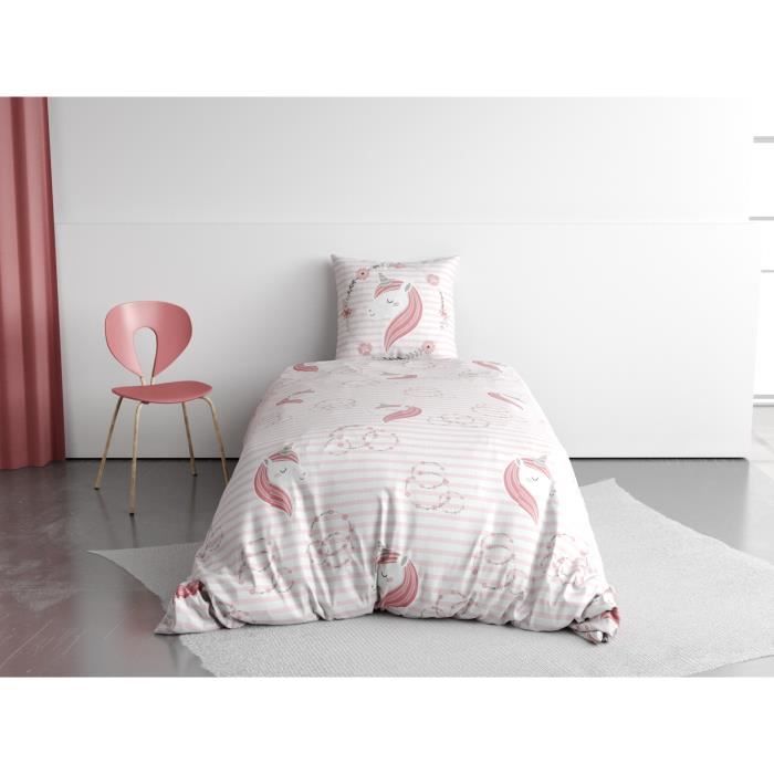 Housse De Couette + Taie - Rina Petite Licorne - 140 X 200 Cm - 100% Coton - Lavage 40°