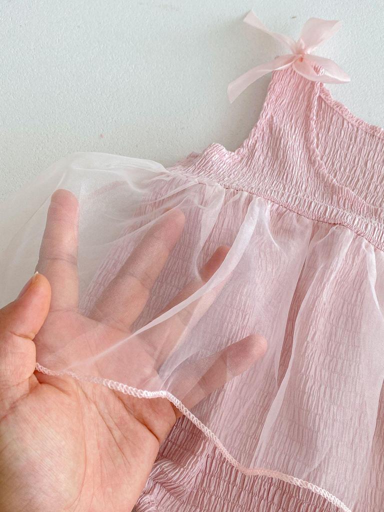 Летний детский комбинезон: Розовое сетчатое платье принцессы со сладким бантом для новорожденных девочек