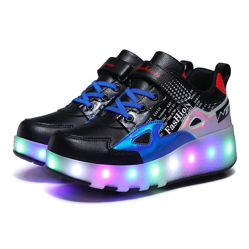 27-43 Съемные колеса для мальчиков/девочек Двойные колеса Светящиеся кроссовки Можно заряжать Кроссовки для катания на роликах Детские ботинки для катания на роликах