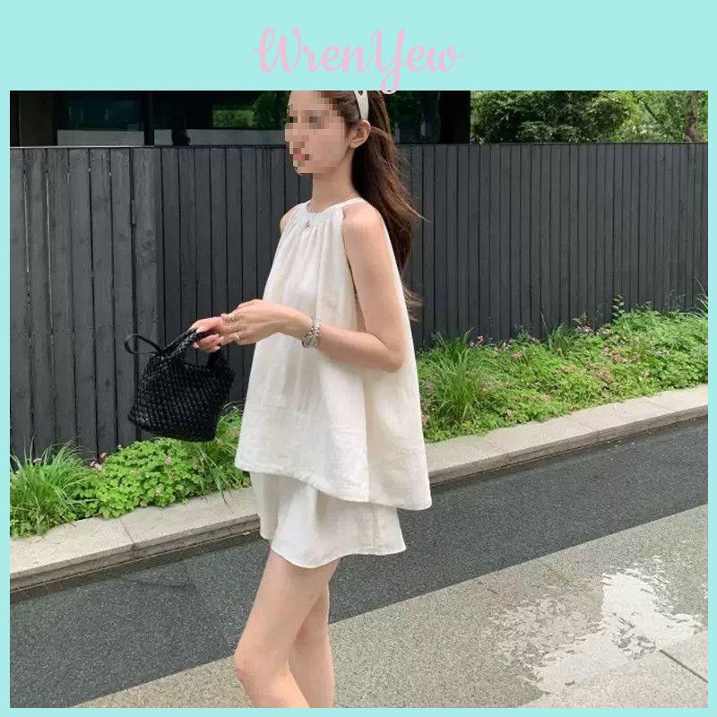 Girl Summer Casual Sets With Linen Fabric For Women Lightweight Sleeveless Tank And Shorts Outfit