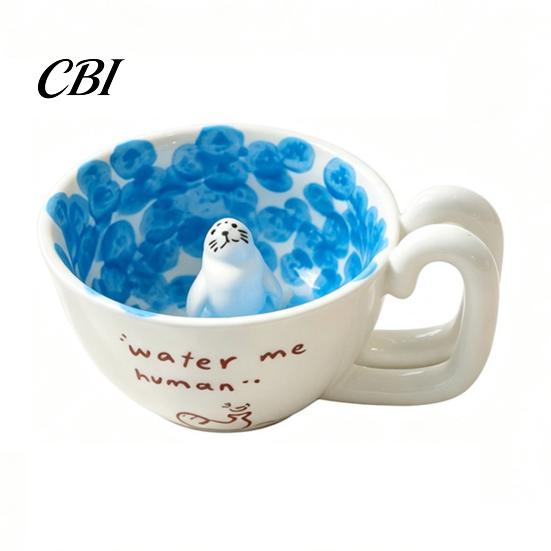 Handcrafted Pottery Mug for Home Cute Ceramic with 3D Seal/Penguin Figurine Inside, Blue Ocean Unique Animal Gift Seal Lovers Themed Coffee