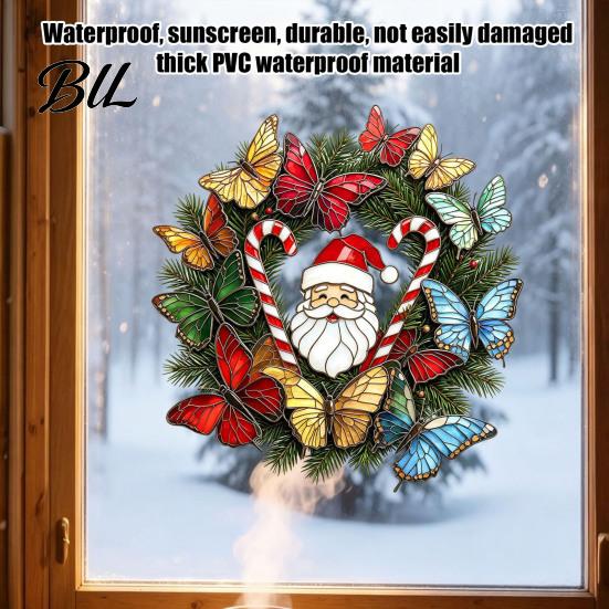Removable Festive Window Art Christmas Wreath Sticker, Stained Glass Style, Santa Butterfly Candy Bathroom Decoration Cane Decal, PVC Static Cling for