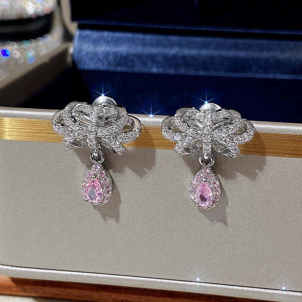 Elegant Light Luxury Pink Zircon Earrings for Women High-End Temperament Trendy Zircon Accessory