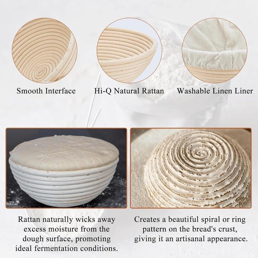 Bread proofing basket set of 2, 9-inch round dough proofing bowls, with linen-lined bread proofing baskets