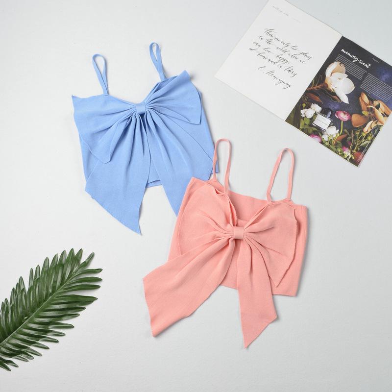 Женский однотонный укороченный топ без рукавов с бантом, трикотажные тонкие женские сексуальные, милые и шикарные тонкие базовые майки Kawaii, уличная одежда