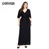 Plus Size Women's New Cape Sleeve Black V Neck Low Cut Skirt Dress