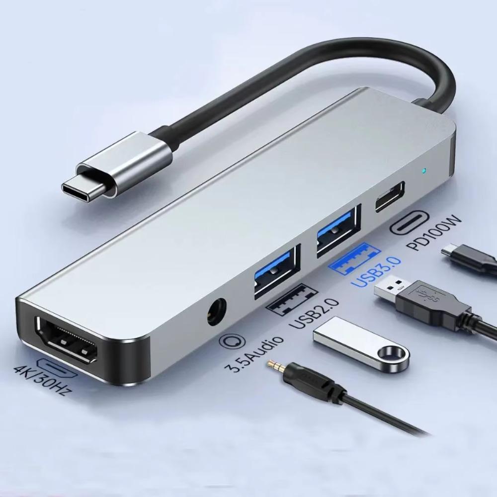 4K@30Hz 100W PD Plug&Play 5-in-1 USB C Hub Type C to HDMI-Compatible USB3.0/2.0 & 3.5mm Audio Jack for Laptop Smartphone Tablet