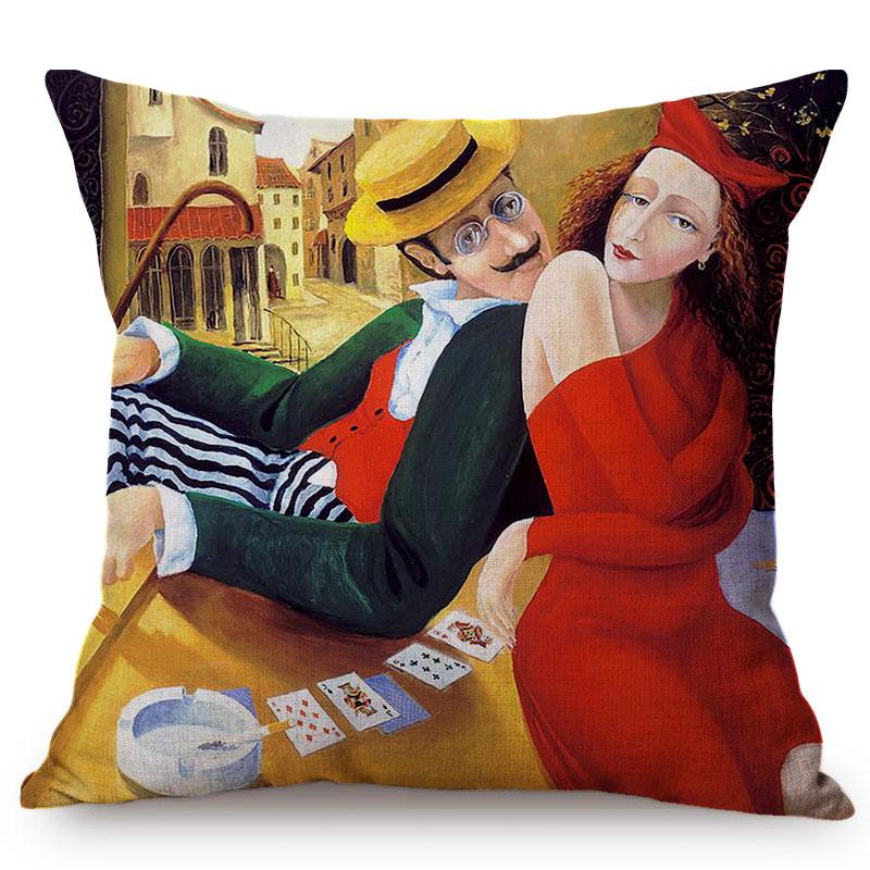Nordic Vintage Beautiful Woman Oil Painting Art Sofa Decorative Cushion Cover Couple Happy Love Story Chair Throw Pillow Case