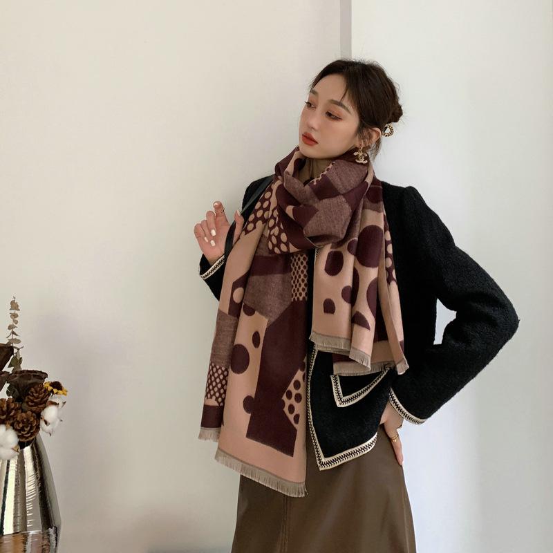 Кашемировая шаль в корейском стиле с геометрическим узором в горошек — теплый осенне-зимний шарф для женщин
