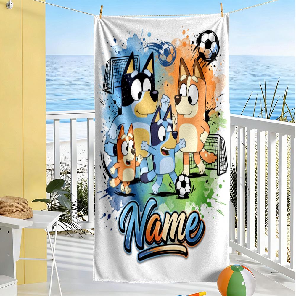Soccer Fun Bluey Customize Your Name Beach Towel Soft Durable Quick-Dry Ideal for Travel Outdoor Swim Pool Yoga Surf Camping Hiking Gym Gift Holiday