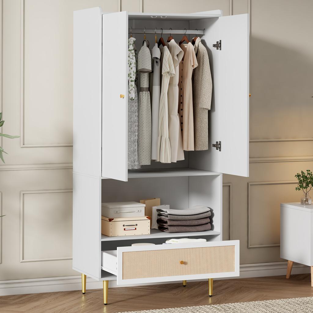Wardrobe with 2 Doors, Large Rattan Drawer and Clothes Rail. With Metal Legs and Handles – Perfect for Bedroom and Living Room. White, 80x48x175 cm