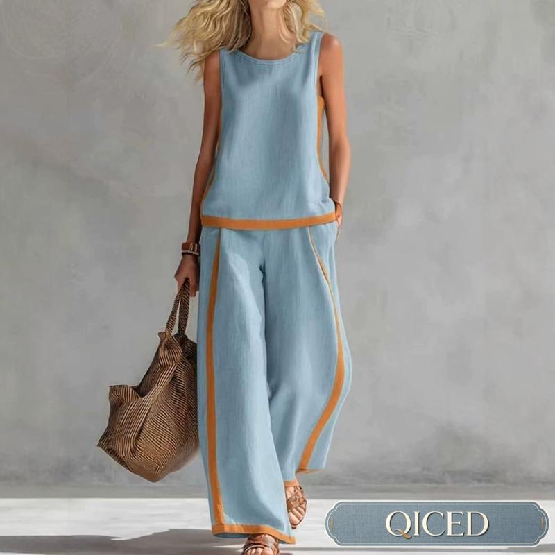 QICED Women's Fashion Casual Sleeveless O-Neck Pants Suits Casual Chic