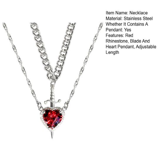 Женское ожерелье двухслойное с лезвием и кулоном в виде сердца, декор из красного страза, нержавеющая сталь