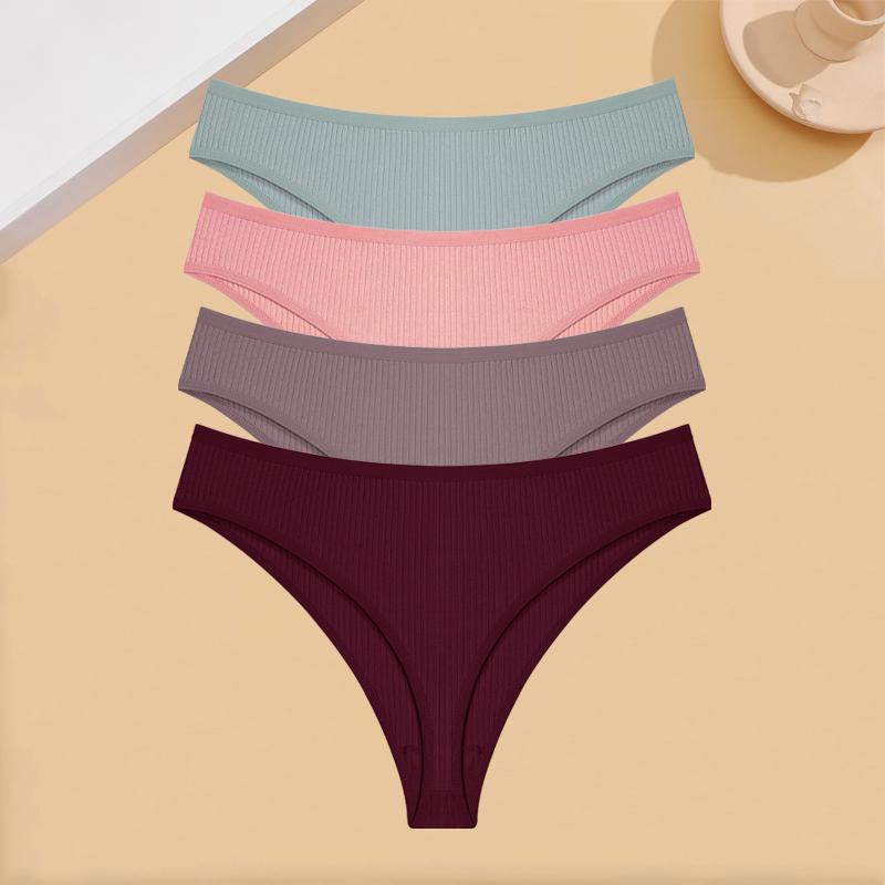 FINETOO 4Pcs Cotton Ribbed Underwear Women's Sexy Low-Waist Breathable Thongs Girls Sports Panties Stretchy T Back Soft Lingerie