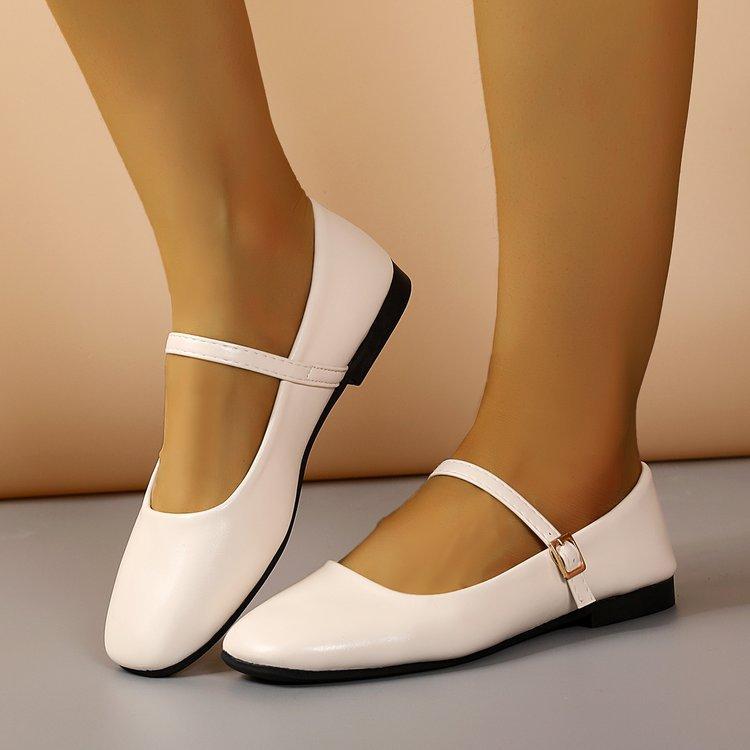 Shallow Single Shoes Women's Spring and Summer Retro Buckle Low Heels Literary Square Head Soft Leather Mary Jane Shoes