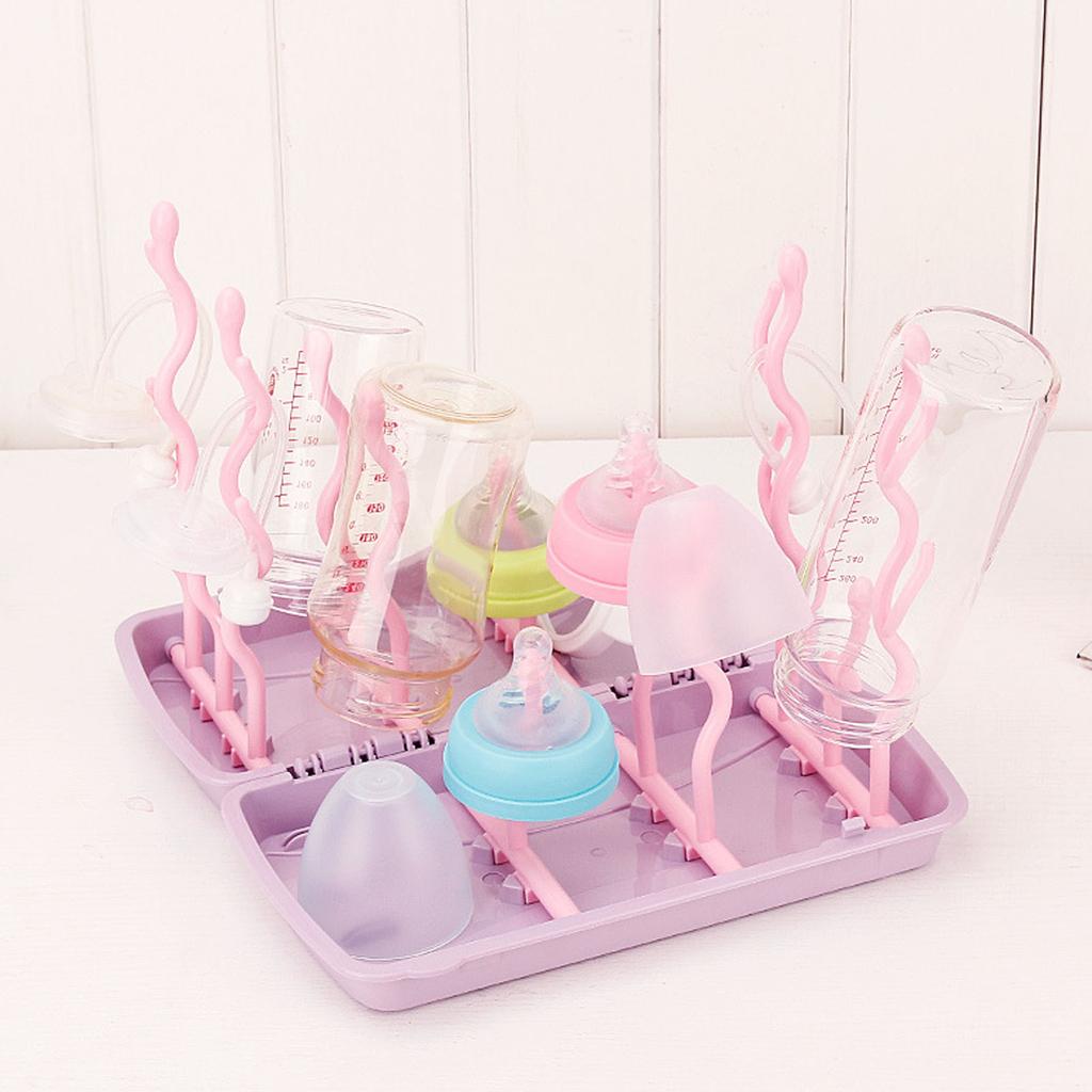 Baby Bottle Drying Rack PP Safe Foldable Portable Baby Bottle Countertop Drain Rack Pink