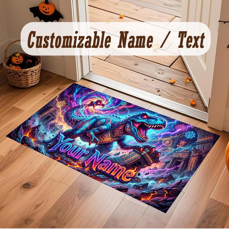 Dinosaur Theme Soft Crystal Velvet Rug Custom Name & Text Print Non Slip Floor Rug for Bedroom Living Room