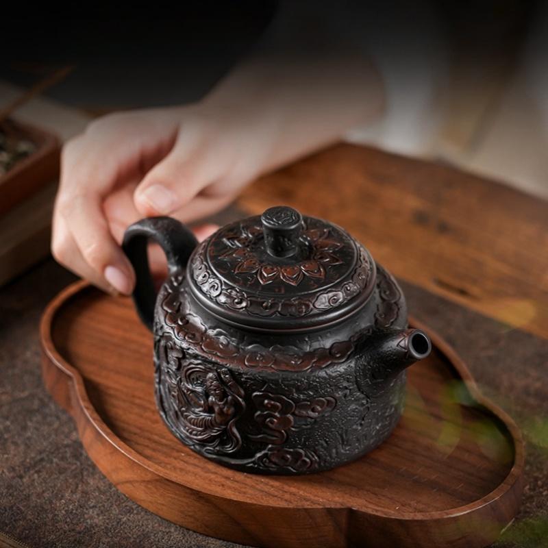 Чайник для заваривания в виде фиолетовой керамики «Сказка Цзяньшуй», расписанный вручную, старинный рельефный чайник, домашний чайник, чайный сервиз «Кунг-фу», чайник