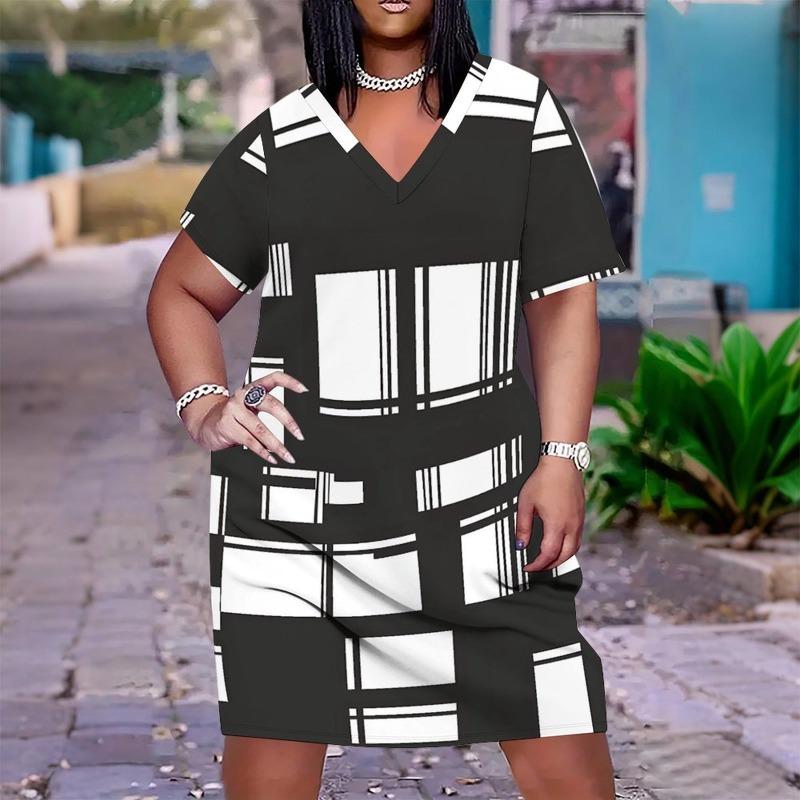 Plus Size Summer Mini Skirt Women's Commuting Casual Short-sleeved Skirt Ladies Sexy V-neck Printed Dress Daily Wear