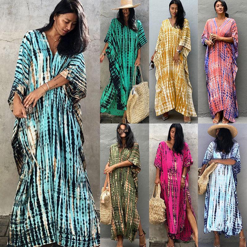 European-American Cotton Print Loose Plus Size Long Dress Beach Cover-Up Robe Style