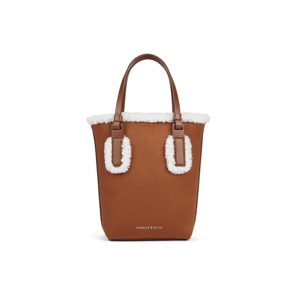 Charles & Keith Plush Series Minimalist Tote Bag Crossbody Bucket Bag PU Fabric Handbag Small Women bags Brown CK2-30271443-1