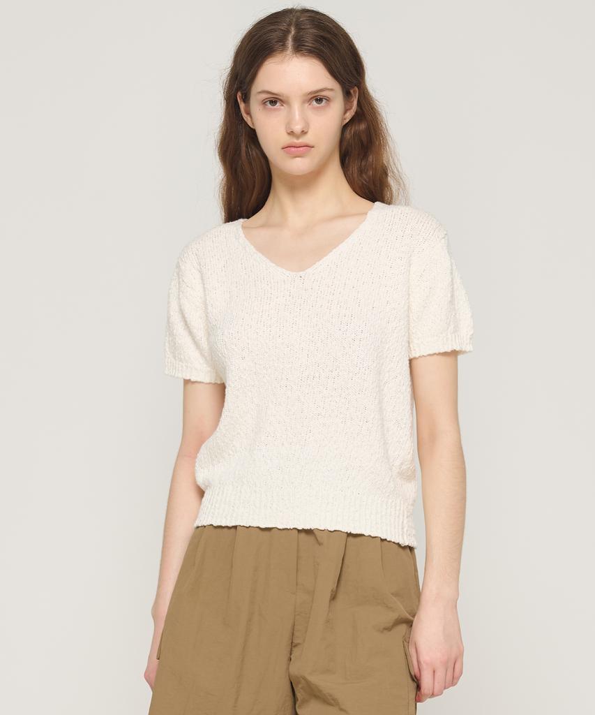 CARGOBROS FOR WOMAN Boucle V-Neck Short Sleeve Knit (Ivory)