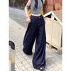Women's Dark Blue High-Waisted Wide-Leg Jeans, Spring/Autumn 2024, Retro Loose-Fit, Floor-Length Straight-Leg Style.