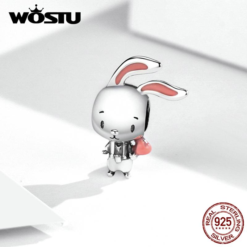 WOSTU Бусины из стерлингового серебра 925 пробы с изображением животных, милый энергичный кулон в виде кролика, подходит для оригинального браслета, ожерелья, ювелирные изделия своими руками