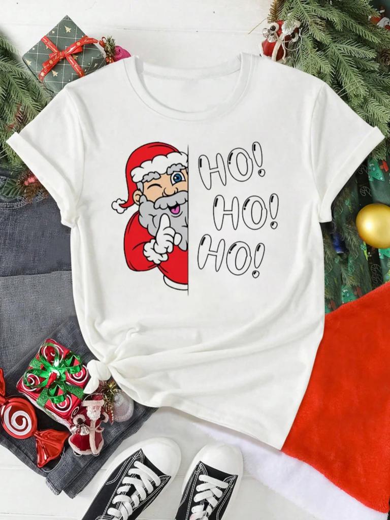 HO HO HO Christmas Hat Pattern Tshirt Loose Breathable Holiday Activities Shortsleeved Tshirt Unisex Women Unisex Casual Tops