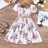 Новое летнее платье для девочек, пышные рукава, платья с цветочным принтом и поясом, детская одежда для 5-12 лет