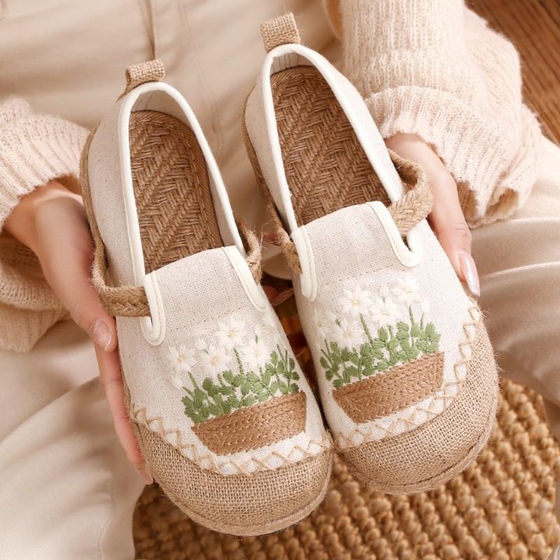 Johnature Женские туфли на плоской подошве в этническом стиле из хлопка и льна с круглым носком, вышитые вручную