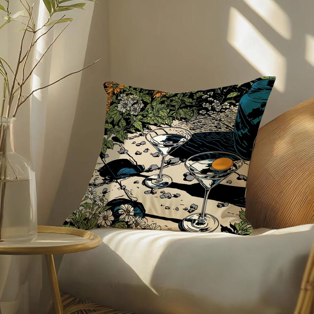 seller cocktail glass print Pillow Case Silky elegant Comfort Sofa Bed Invisible zipper