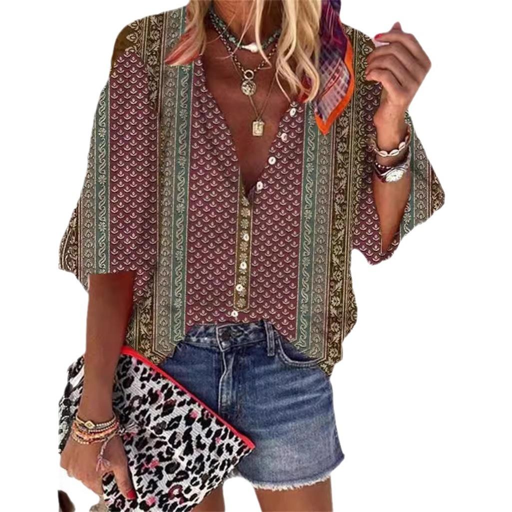 Летняя мода Стойка воротник Свободный крой На пуговицах Ретро принт Повседневные Рукава семь восьмых Женские блузки и рубашки