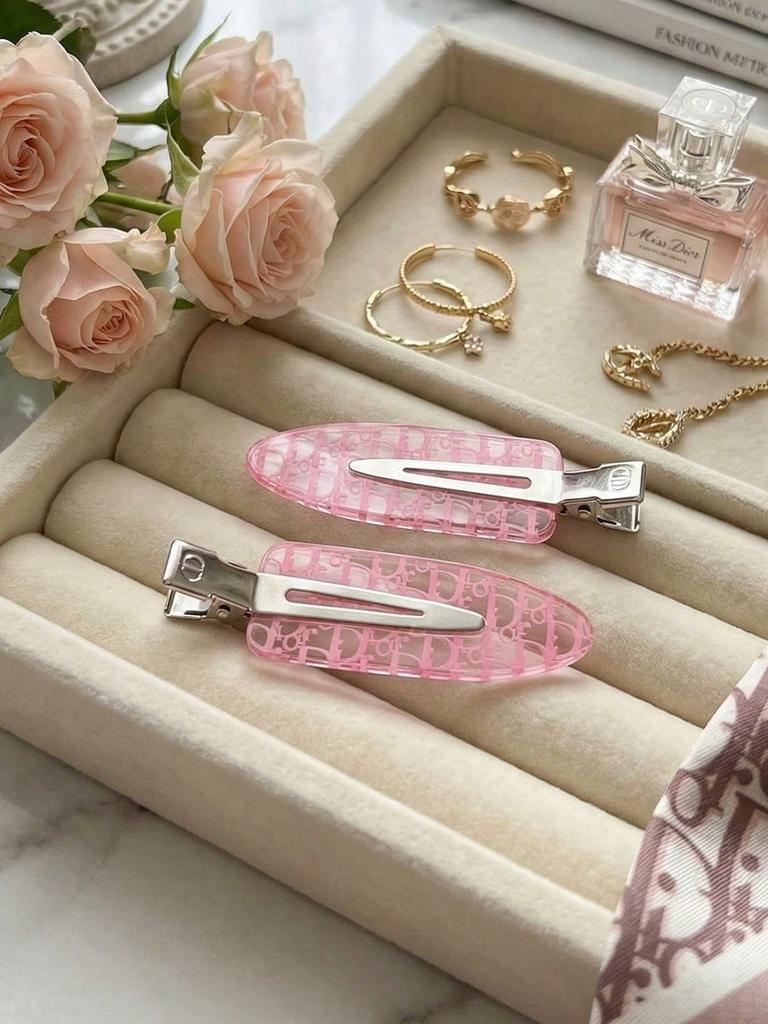 DIOR 2 Pcs Pink Transparent Logo Hair Clips Metal Alligator Barrettes Fashion Women Bangs Hair Accessories Daily Decor