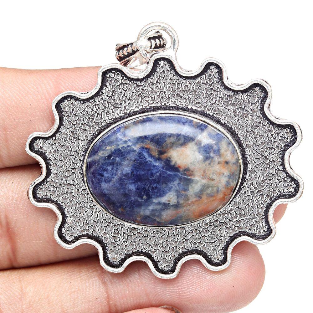 Подвеска с содалитом, драгоценным камнем, ручная работа, подарок для нее, серебряное украшение 2 дюйма