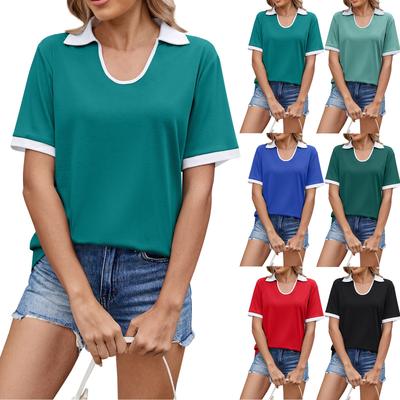 Женская повседневная модная универсальная контрастная цветная футболка с коротким рукавом и лацканами