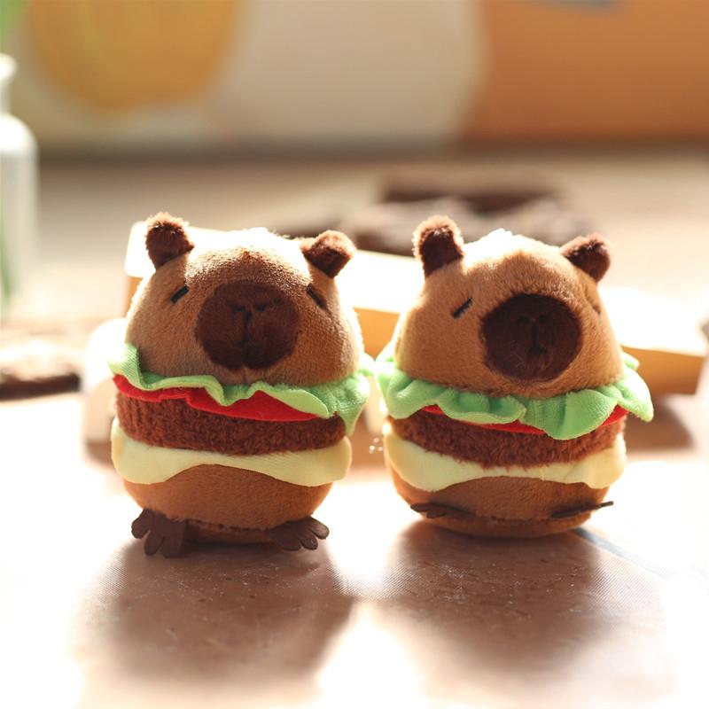 Kawaii Plushie Cute Capybara Hamburger Keychain Plush Simulation Capibara Fluffty Toy Stuffed Animals Soft Doll Kids Gift