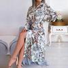 Spring Summer Women Fashion Floral Collar Full Sleeve Tie Up All Match Print Shirt Dress
