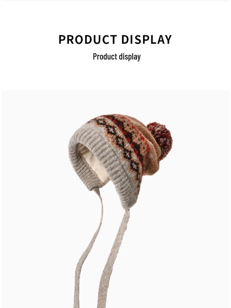 Женская вязаная шапка с помпоном в стиле Fair Isle - Ретро жаккардовая шерсть с защитой ушей для зимнего тепла