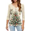 Женская модная повседневная футболка с принтом рождественской елки, V-образным вырезом, декоративными пуговицами и рукавом три четверти
