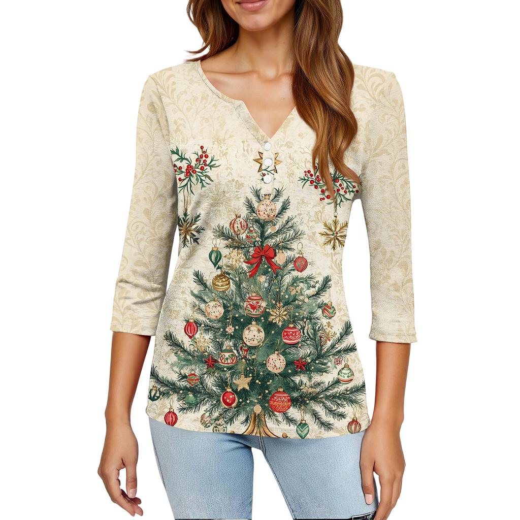Женская модная повседневная футболка с принтом рождественской елки, V-образным вырезом, декоративными пуговицами и рукавом три четверти