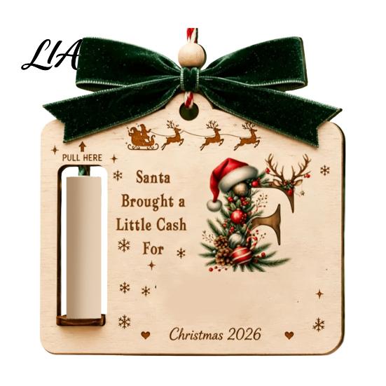 Handmade Cash Gift Card Holder Personalized Letter Christmas Money for Cash, Wooden Alphabet Hanging Gifts Ornament with Velvet Bow Holiday