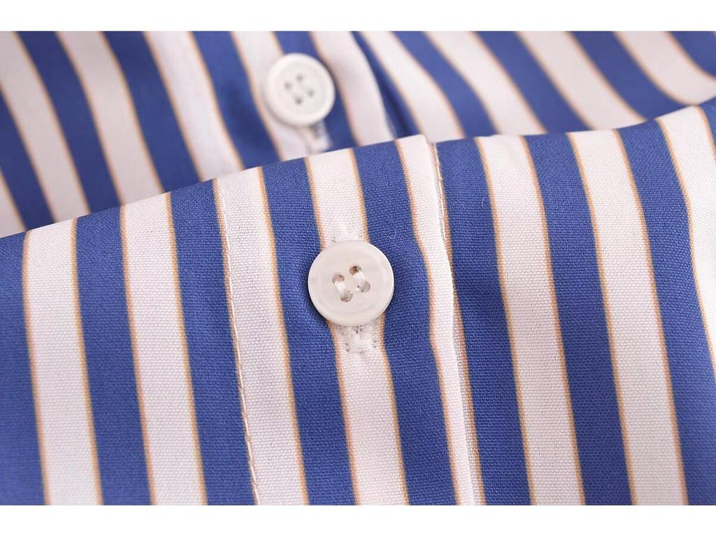 2025 Spring Women's Metallic Thread Striped Long Sleeve Shirt with Turn-Down Collar, European & American Style.