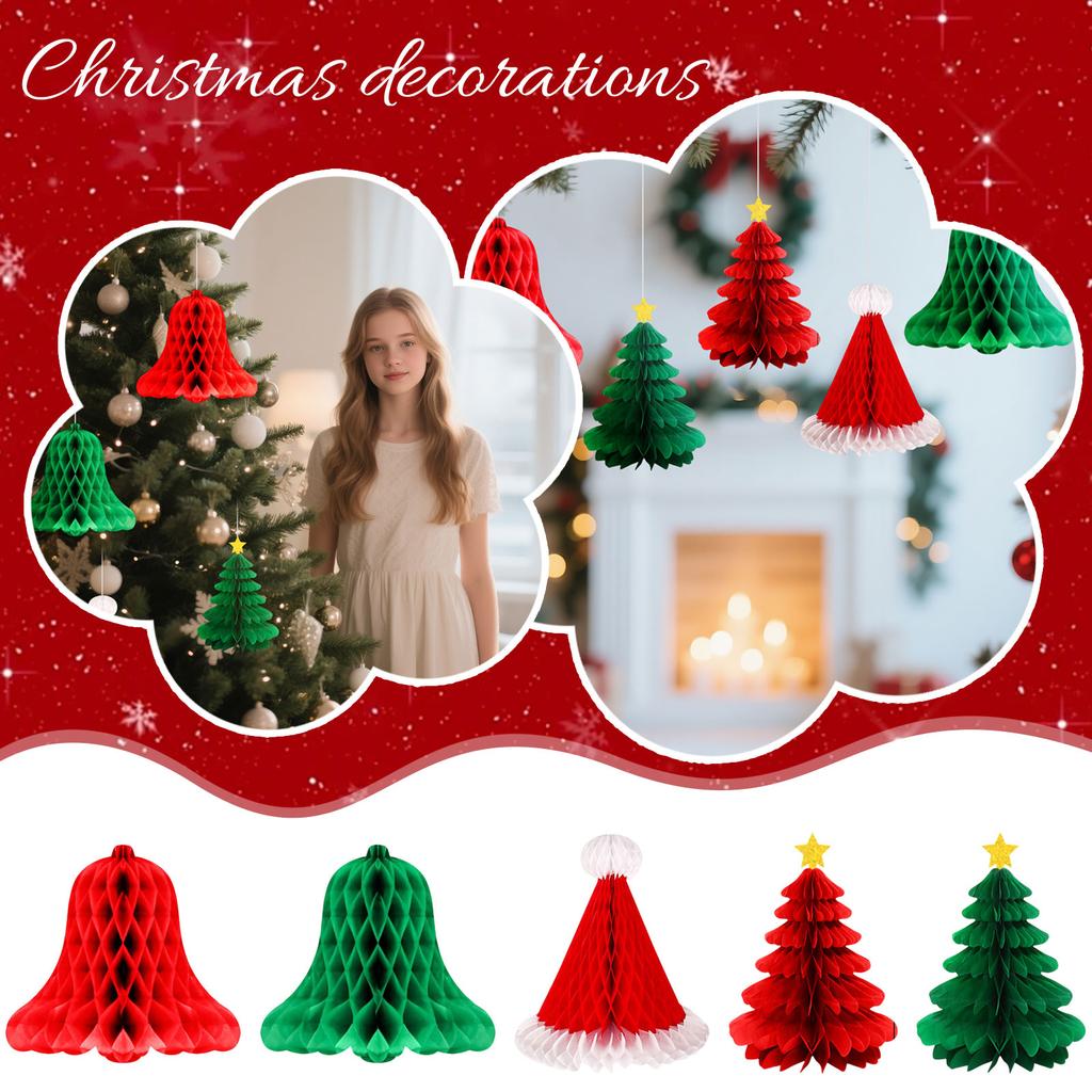 Honeycomb Christmas Ornaments, Christmas Tree Bells, Santa Hats, Paper Hanging Garlands