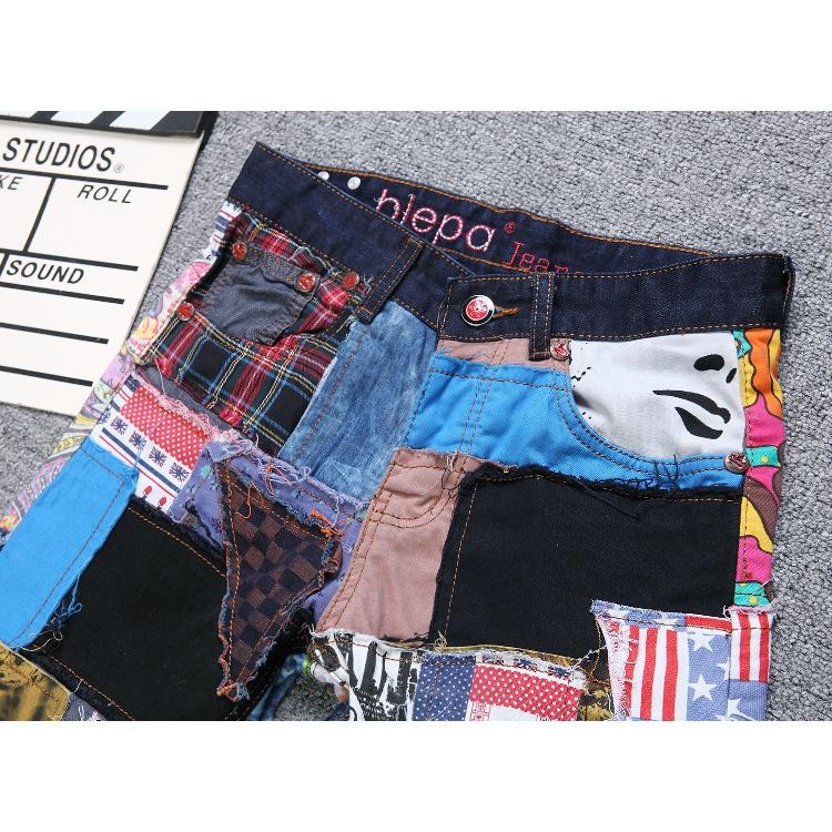 European And American Style New Trend Brand Straight Tube Slim Fit Denim Pants With Holes, Multi Colored Fabric Splicing, Washed Denim Pants