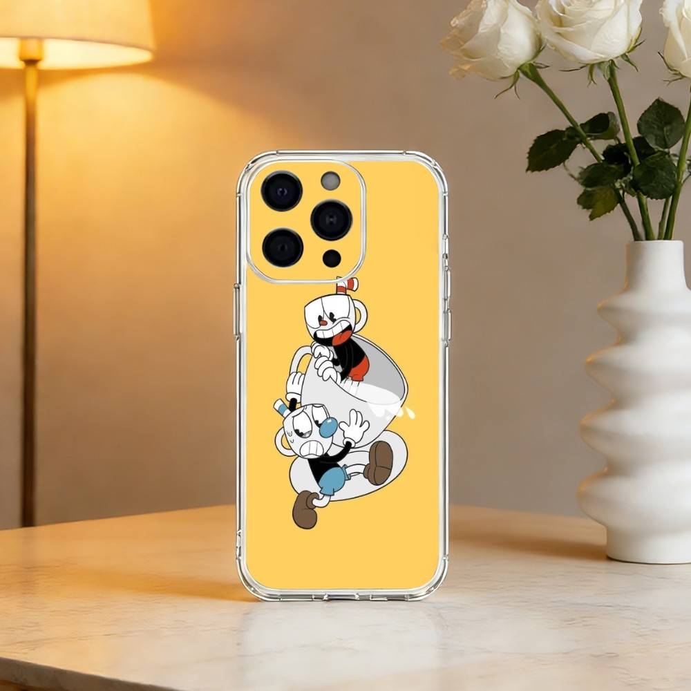 Cute CupHead And MugMan Phone Case For iPhone 17 16 15 14 13 12 11 Mini Pro Max Plus Transparent Cover