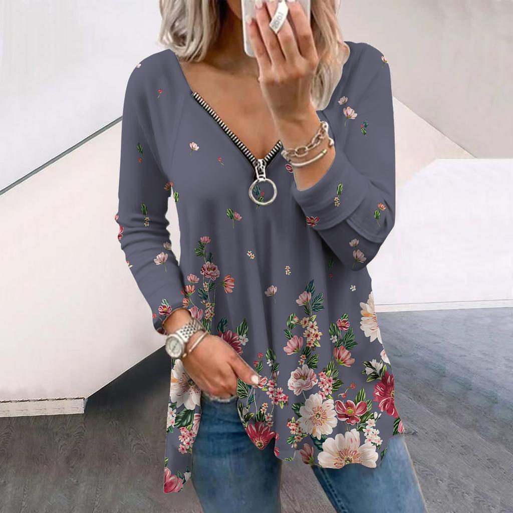 Женские осенние футболки с длинными рукавами с цветочным принтом и белыми цветами, свободные футболки с v-образным вырезом, большие размеры, топы, удобная блузка