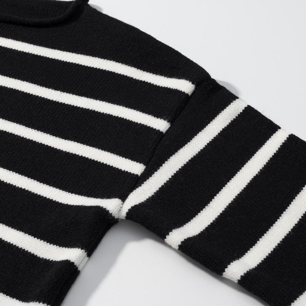 Autumn/Winter Retro Striped Round Neck Knit Pullover for Petite