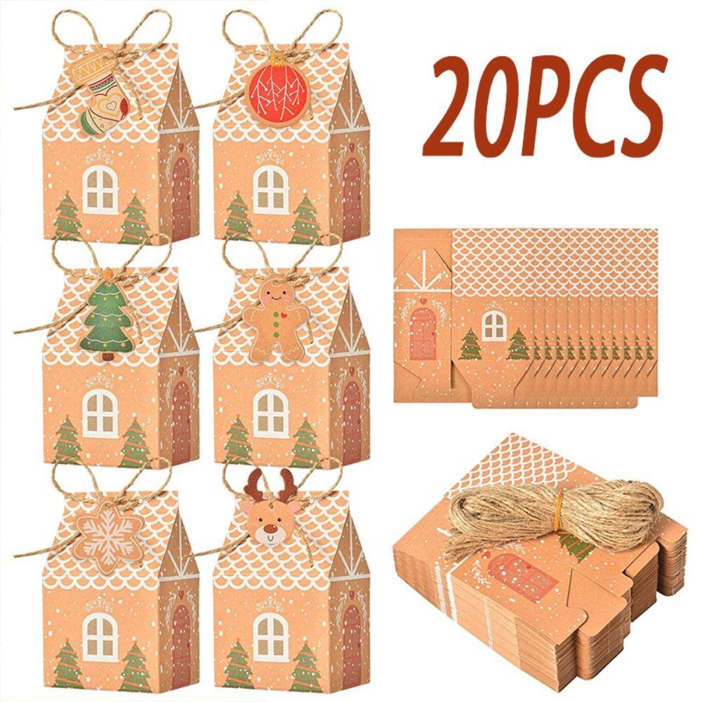 20Pcs House Shape Candy Boxes Bags Kraft Paper Cookie Food Packaging Christmas Party Decoration